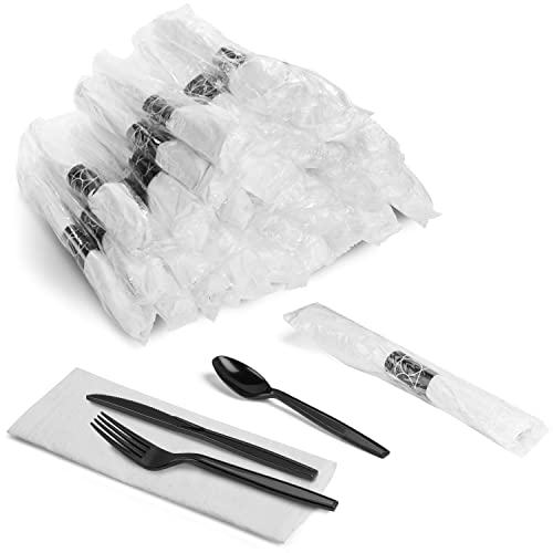 600 ct Pre Rolled Napkin with Plastic Silverware Sets - Extra Heavy Duty Knife Fork Spoon Napkin Sets - Individually Wrapped Packets