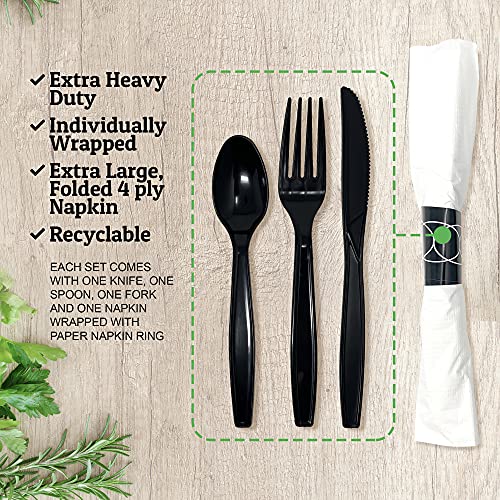 600 ct Pre Rolled Napkin with Plastic Silverware Sets - Extra Heavy Duty Knife Fork Spoon Napkin Sets - Individually Wrapped Packets