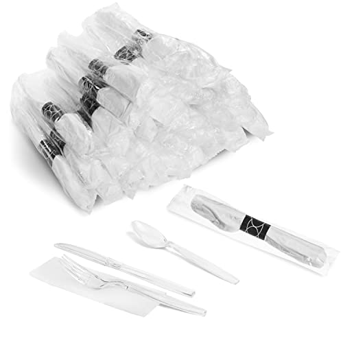 600 ct Pre Rolled Napkin with Plastic Silverware Sets  - Extra Heavy Duty Knife Fork Spoon Napkin Sets - Individually Wrapped Packets